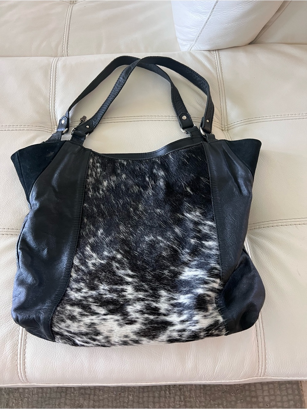 Black and White Cowhide-Accent Tote Bag with Leather Trim